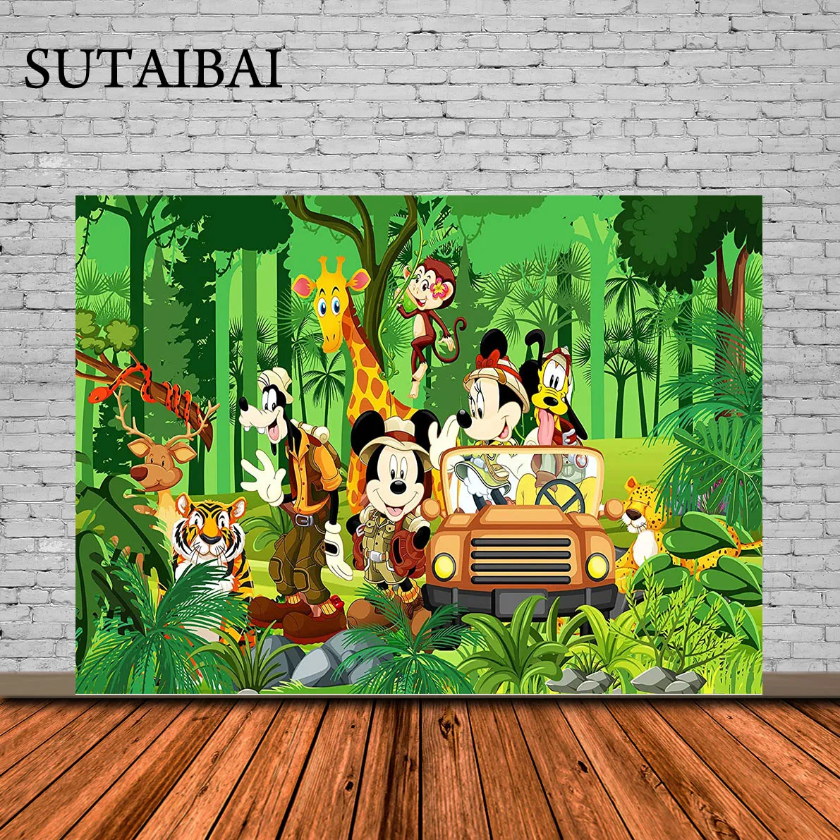 Green Wild Safari Backdrop for Mickey Birthday Party Jungle Safari Photo Background for Mickey Theme Party Caketable Decorations