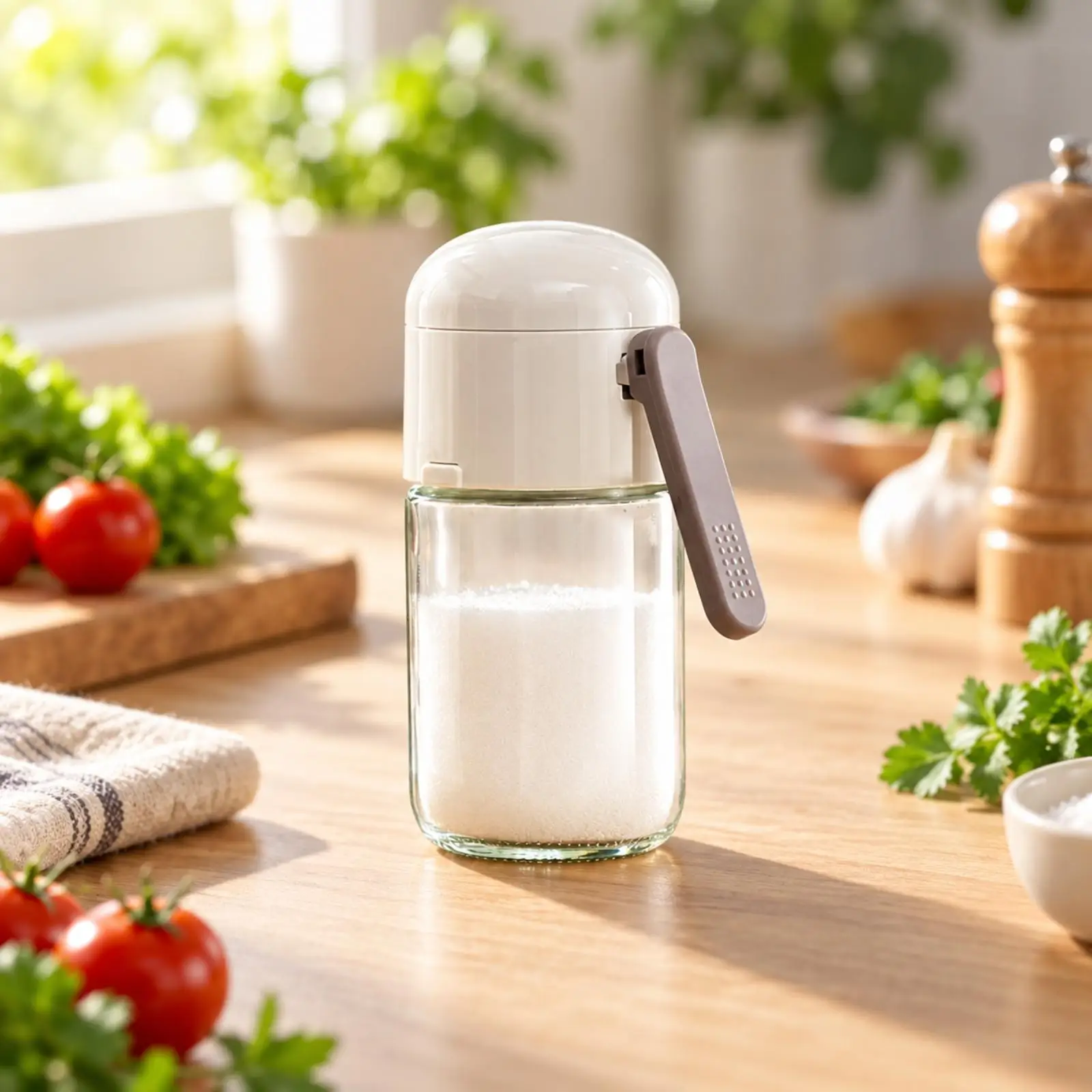 Seasoning Dispensing Jar Clog-Resistant Glass Seasoning Container with Side Lever Easy to Clean Measured Spice Dispenser for