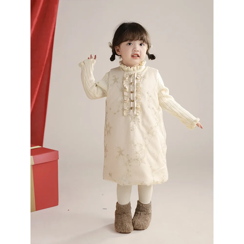 Gonne per ragazze 2024 Inverno Nuovi bambini Indossano neonate Nuovo cinese orecchio in legno Paillettes laterali con gonna calda in cotone Casual semplice