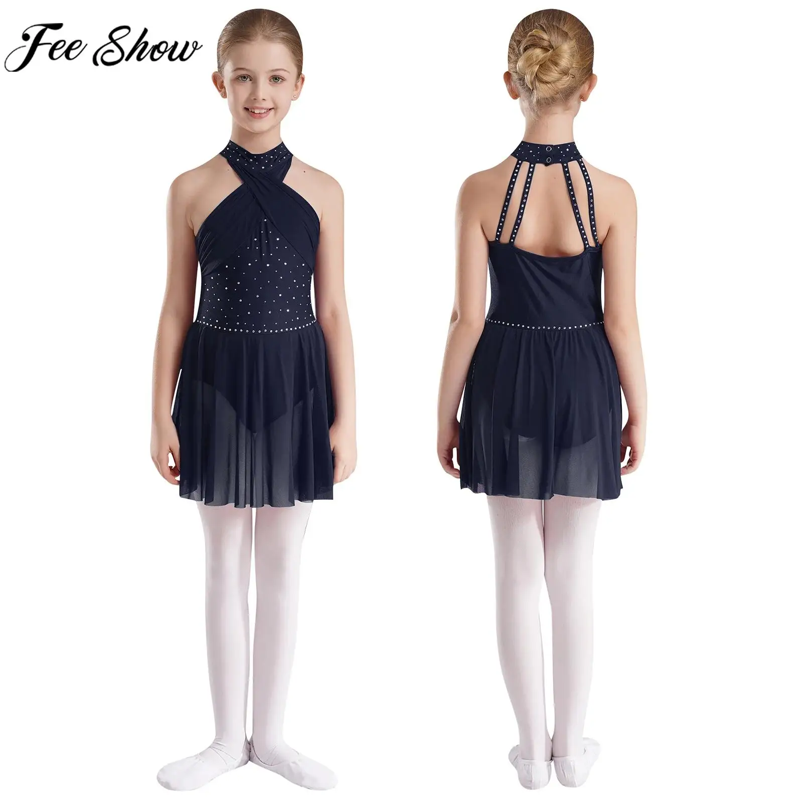 Kids Girls Rhinestone Modern Lyrical Dance Leotard Dress Figure Skating Rhythmic Gymnastics Ballet Stage Performance Dancewear