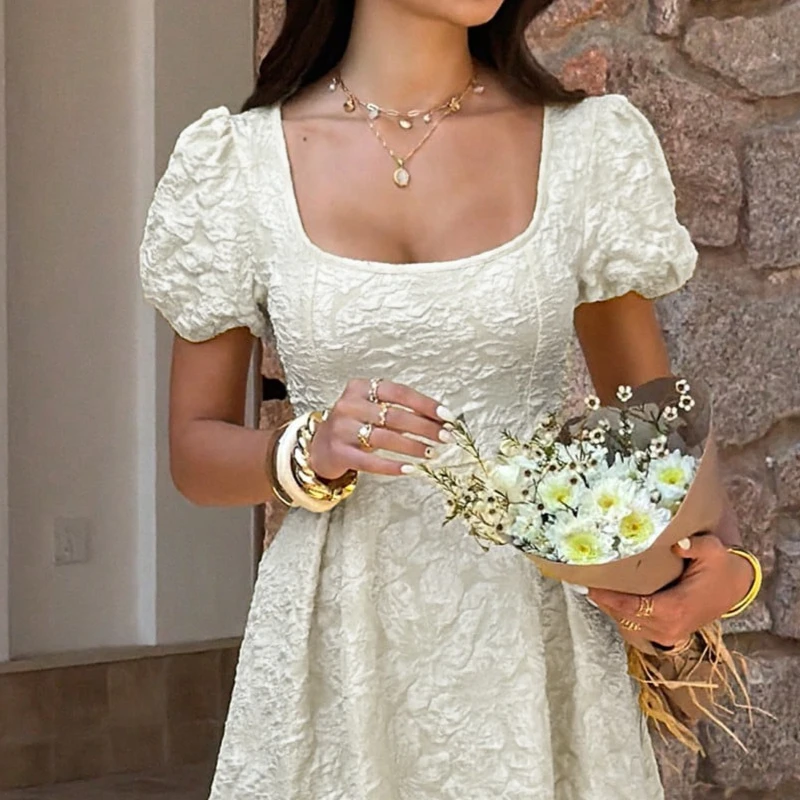 

Elegant Jacquard Women's Summer Casual Long Dress Sexy Solid Puff Short Sleeved Backless Square Neck Ruffled Ladies Maxi Dresses