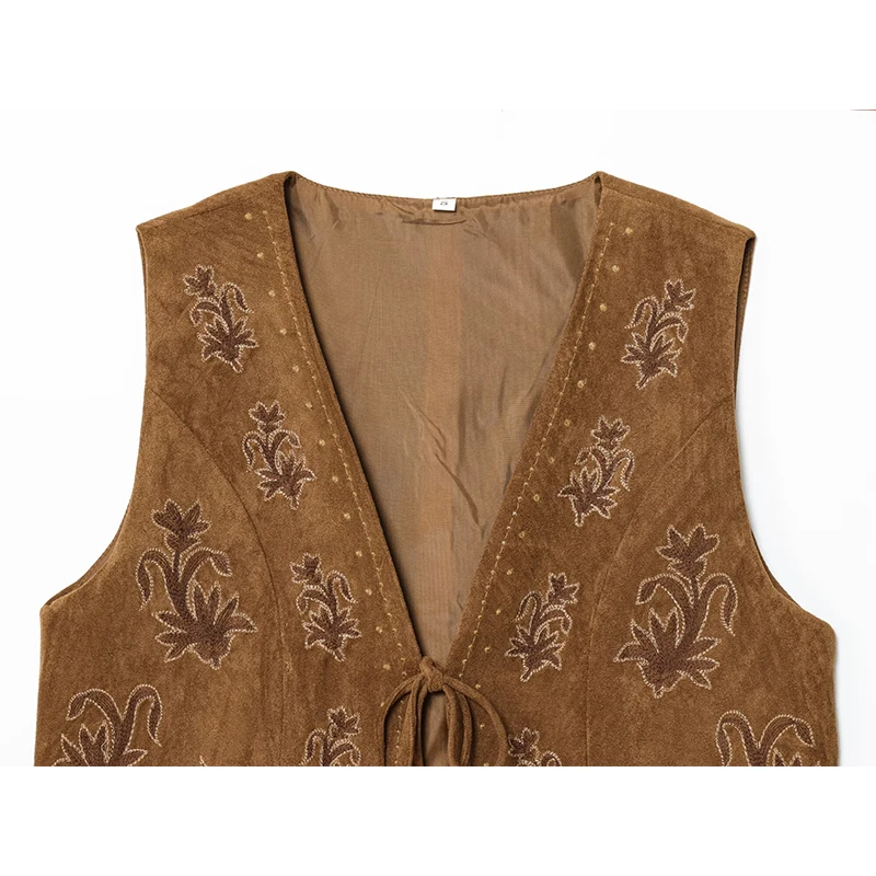 YENKYE 자수 가짜 스웨이드 조끼 여성용 V 넥 민소매 프론트 레이스 업 빈티지 크롭 탑