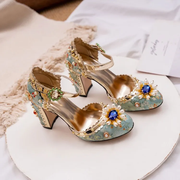 Large Size43 Blue Jacquard Cloth Women Pumps Pearl Crystal Flower High Heels 10cm Ankle Strap Red Wedding Shoes Zapatillas Mujer