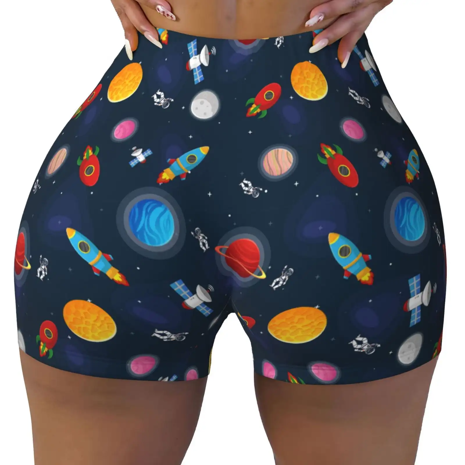 Space Cartoon Print Workout Shorts for Women Seamless Soft Smooth Gym Yoga Scrunch Active Shorts