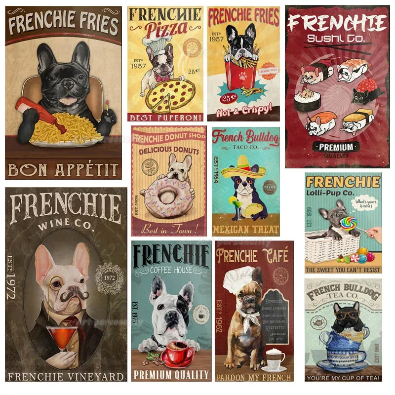 French Bulldog Coffee Club Dogs Metal Sign Funny Fries Tin Poster Home Decor Bar Wall Art Painting Dog Lover Poster 8x12inch