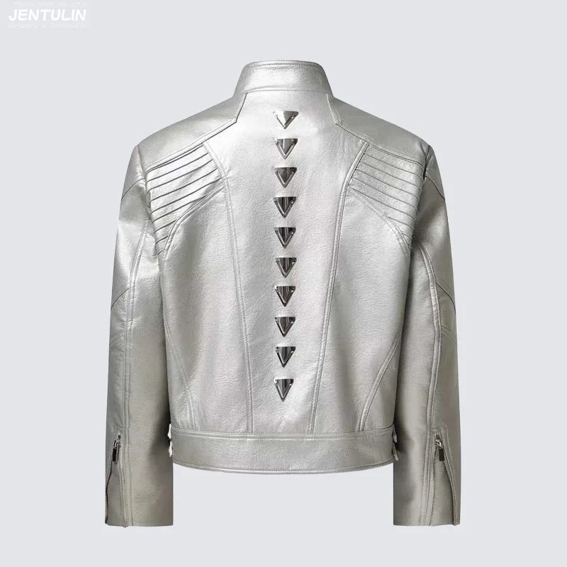High Street Leather Jacket Men's Short Style Stand Up Collar Metal Rivet Motorcycle Jacket Fashionable Men Women Clothing Top