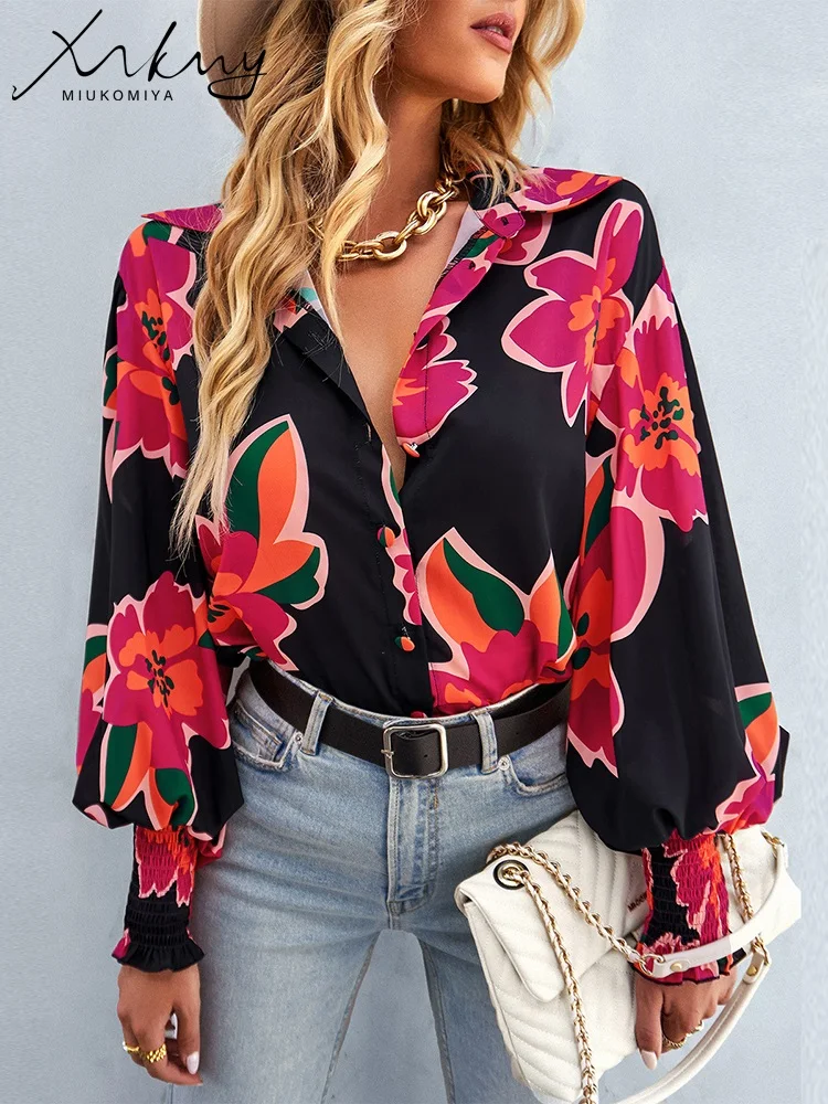 MiuKoMiYa Women Floral Print Lantern Sleeve Shirts Long Sleeve Tops Summer Oversized Apricot Blouse For Women Office 2023