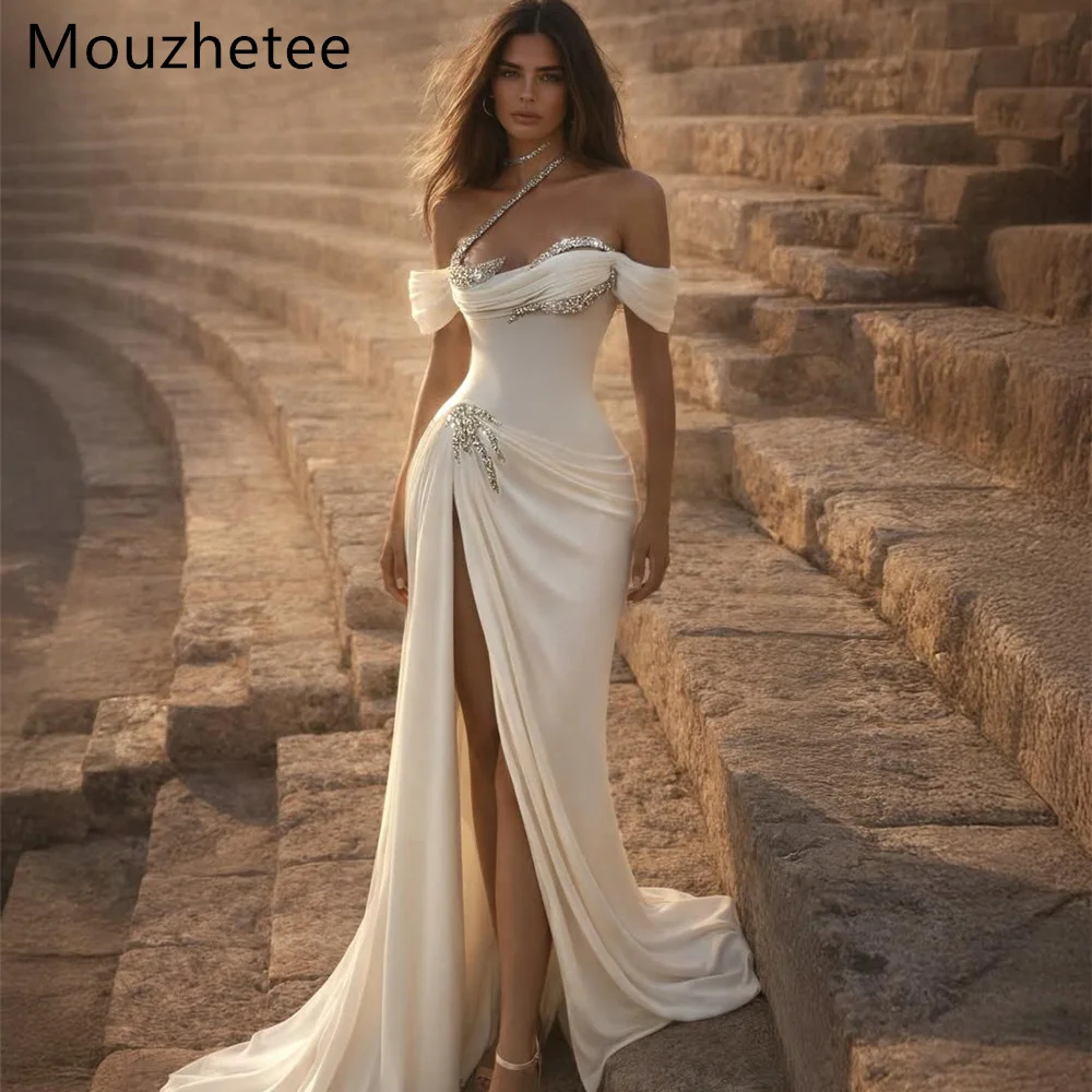 

Mouzhetee A-Line Shiny Off The Shoulder Satin Wedding Dresses Sleeveless Elegant Brides Gown Custom Made 2026