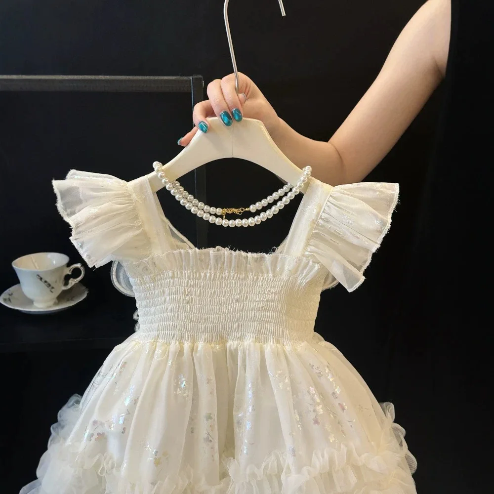 2026 Summer Girls Cami Dress, Flutter Sleeve Sleeveless Tutu Gown, Butterfly Layered Mesh Cake Skirt  for 100-150cm