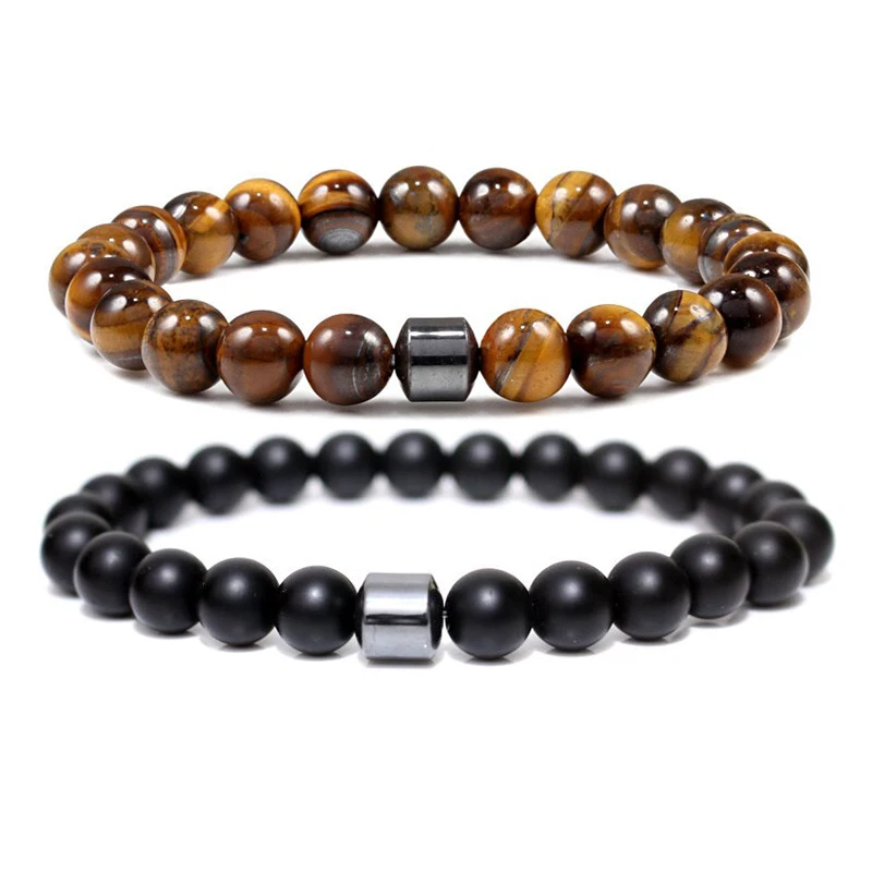 Yumfeel New 2pcs Magnetic Beads Stone Bracelets Men & Women Healing Natural Stone Tiger Eye Lava Malachite Bracelet