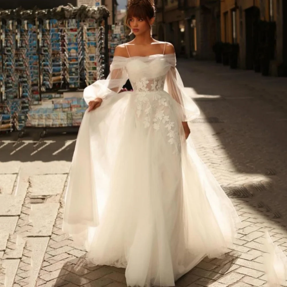 Vestidos de casamento modernos personalizados uma linha querida tule apliques vestido de noiva alças espaguete sem costas vestidos novia