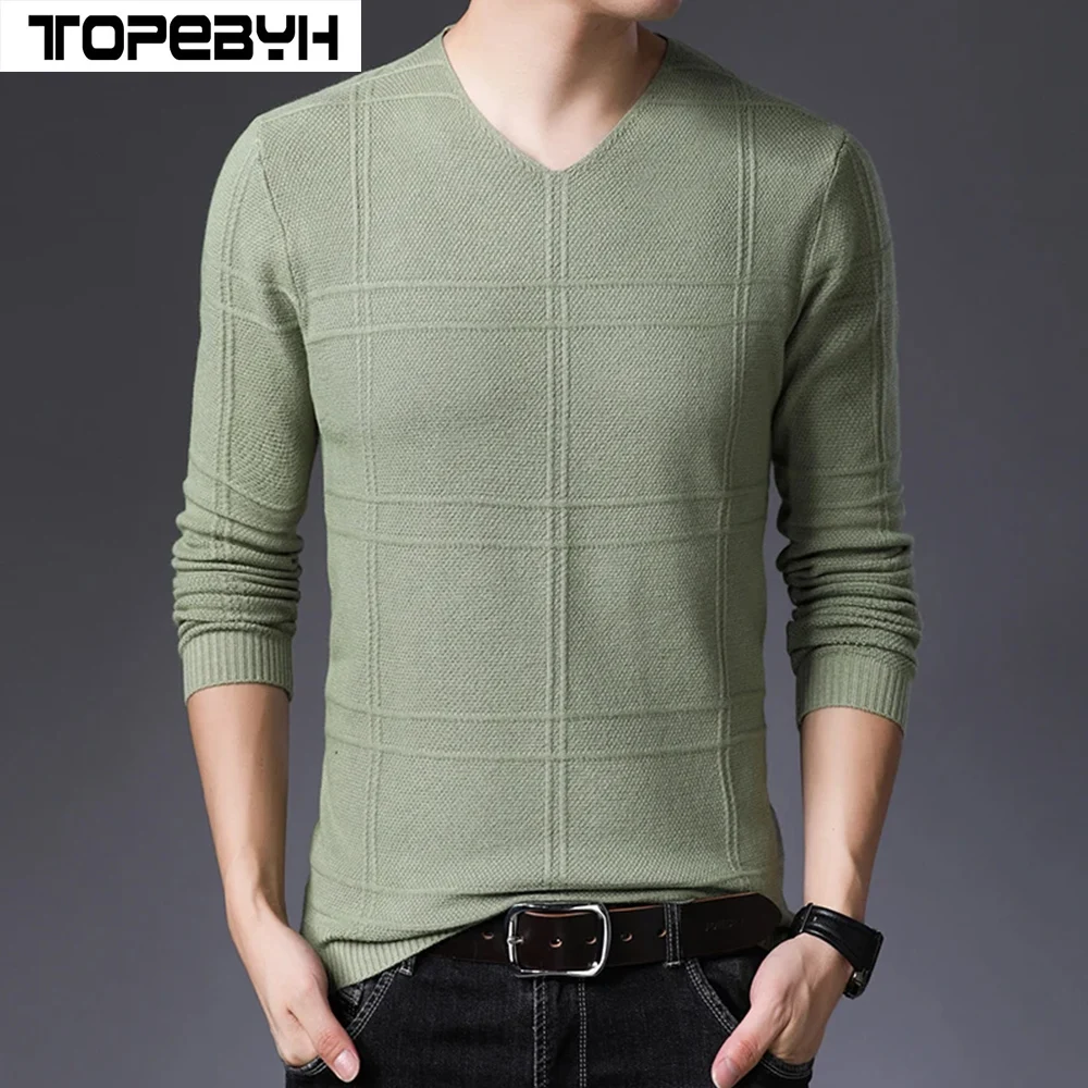 

V-neck Solid Plaid Stripe Fashion Casual Simple Checker Pullover Men's Versatile Underlay Tops