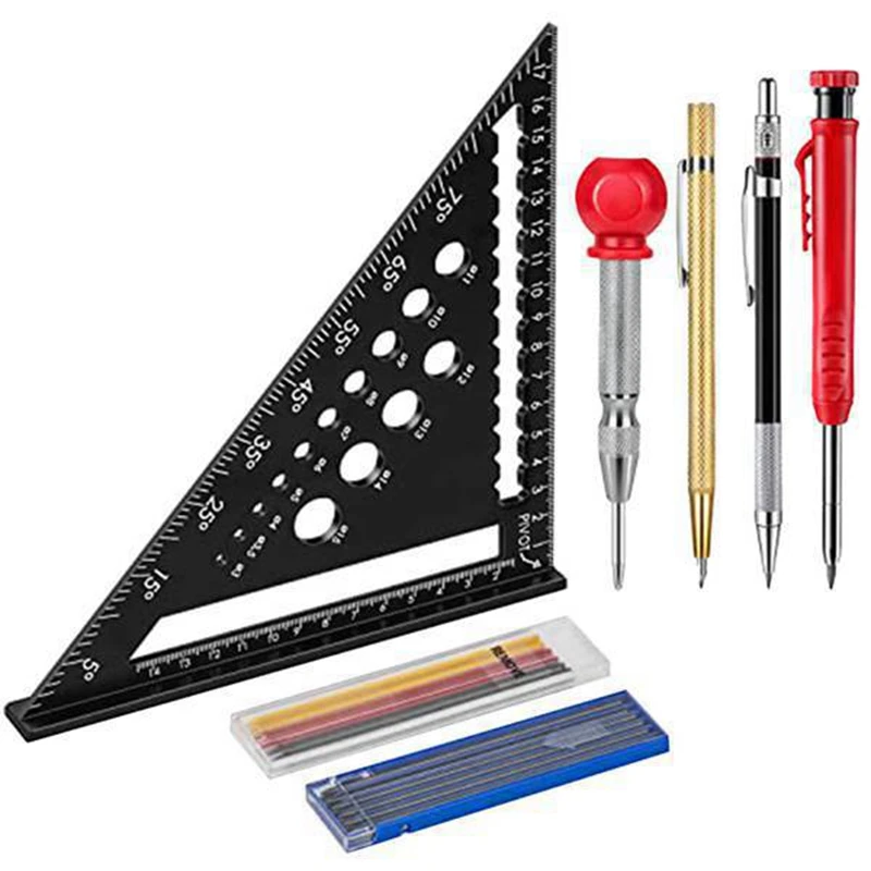 Carpenter Angle Ruler Multifunctional 180Mm Metal Including Deep Hole Marker/Pencil Refills/Center Punch