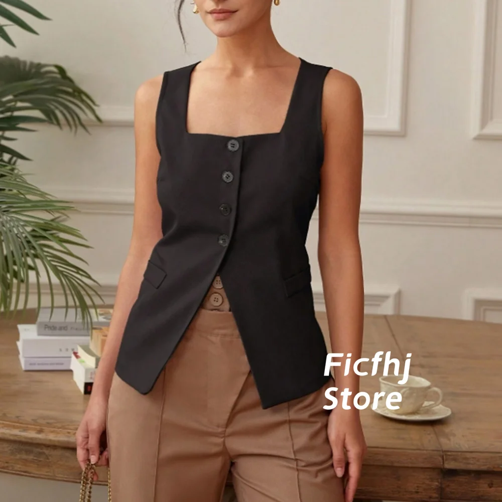 Vesten Voor Dames Vierkante Kraag Single Breasted Slim Fit Elegante Zwarte Zomer Effen Kleur Zakken Dames Knoop Vest Chalecos