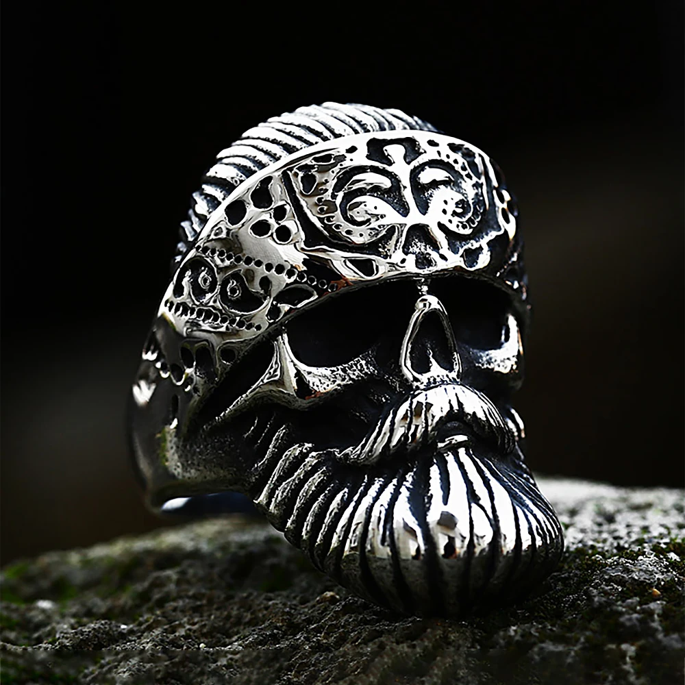 Retro Big Beard Wear Hat Skull Rings For Men Stainless Steel Cool Punk Skull Biker Skull Ring Fashion Jewerly Gift Dropshipping