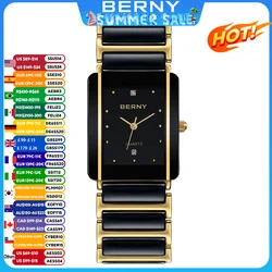 BERNY Ceramic Quartz Men Watch Fashion Luxury Rectangle Wristwatch XV12 Waterproof Calendar Diamon Black Gold Couple Gifts Watch