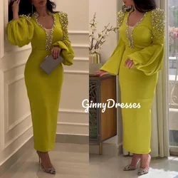Customized Evening Dress Woman Scoop Neckline Column Prom Dresses Floor-Length Zipper Up Beadings Long Sleeves Lining Wedding