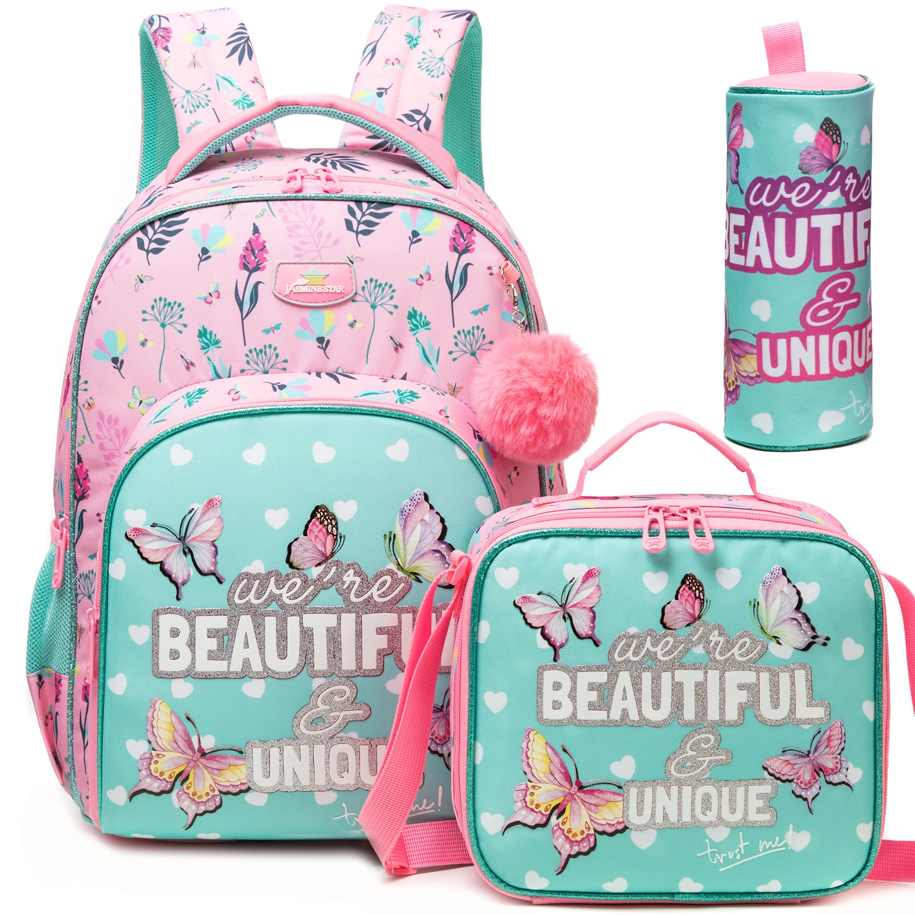 3PCS Backpack for Kids Flower Girls Bookbag Set with Lunch Box Elementary Middle School Daypack for Travel Back To School Supply