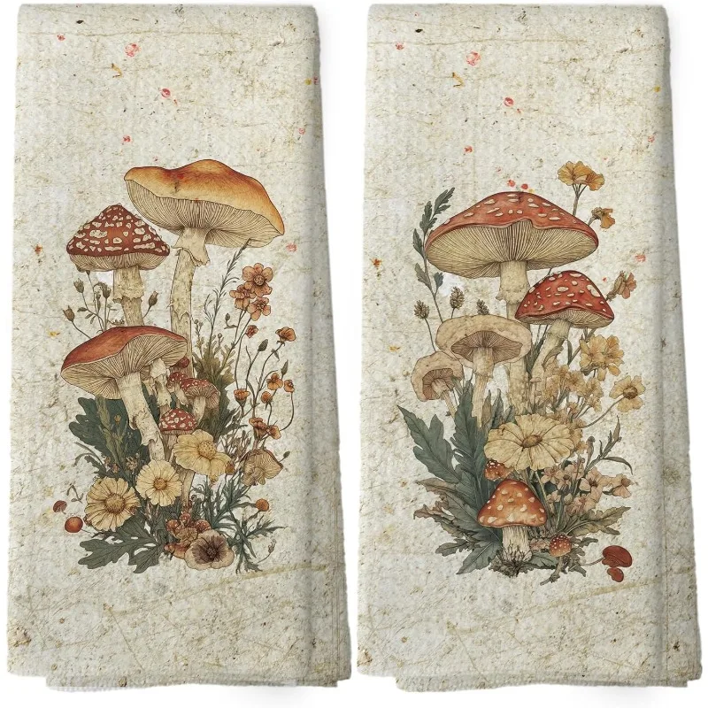 2-Pack KTKA Vintage Mushroom Kitchen Towels for Autumn Harvest Theme, Absorbent Dishtowels with Mushroom Pattern