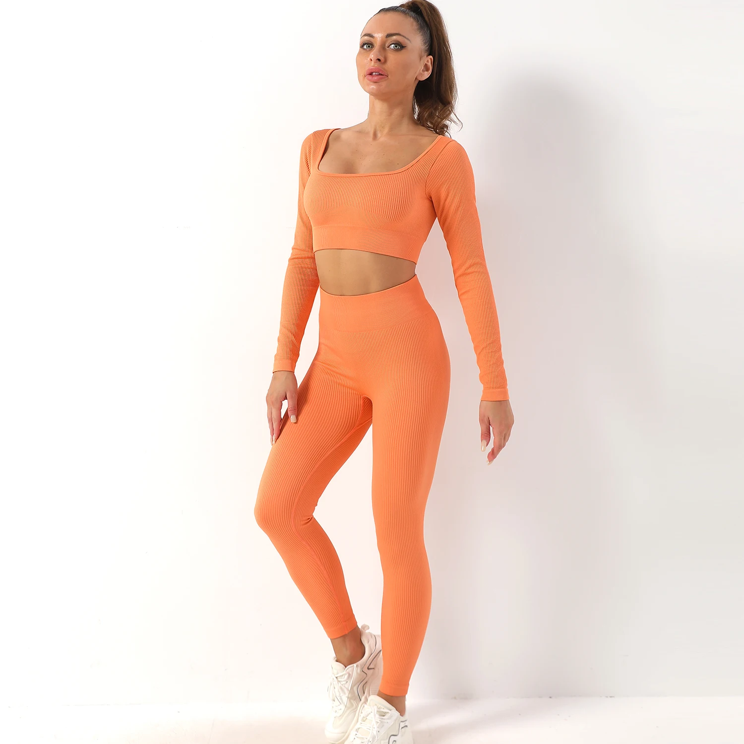 Solid Color Seamless Ribbed Top Long Sleeve Sport Leggings Set Women