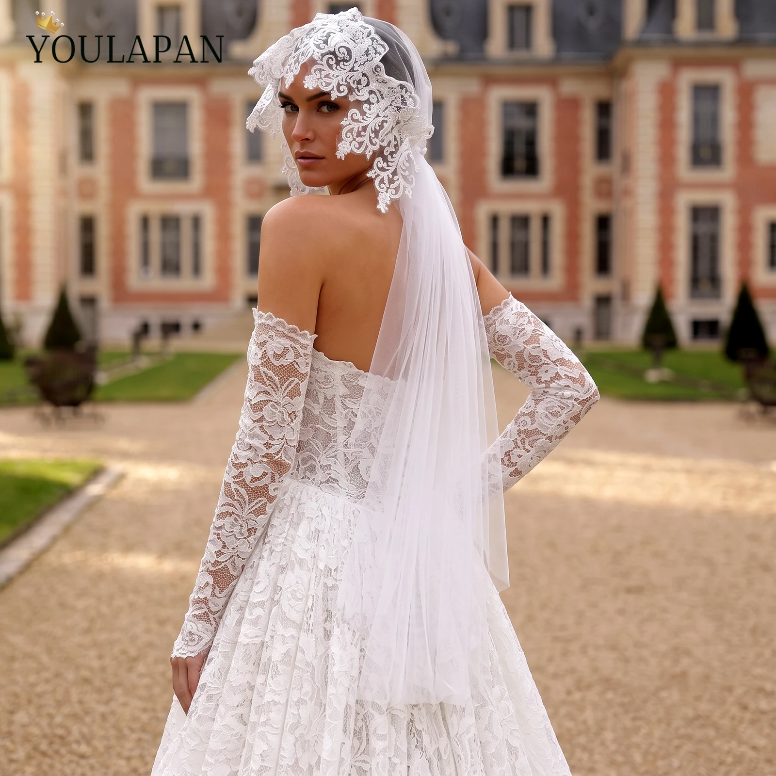 TOPQUEEN Lace Appliqué Bridal Veil Velo Novia Encaje Vintage Floral Embroidery Tulle Wedding Headpiece For Bride V406