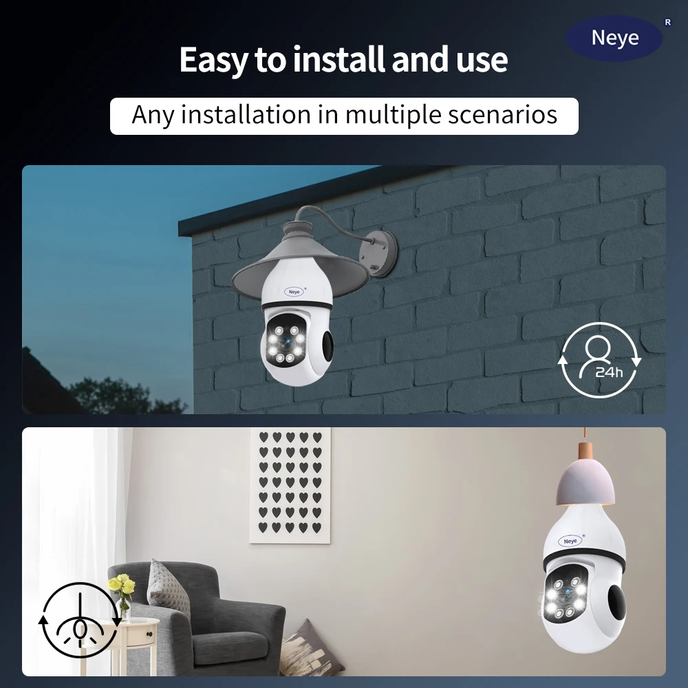 Imagem -03 - Neye Casa Câmera de Segurança Vigilância Lâmpada Spotlight 360 ° Panorâmica Pan Tilt ip Cctv E27 Wi-fi 8mp 4k