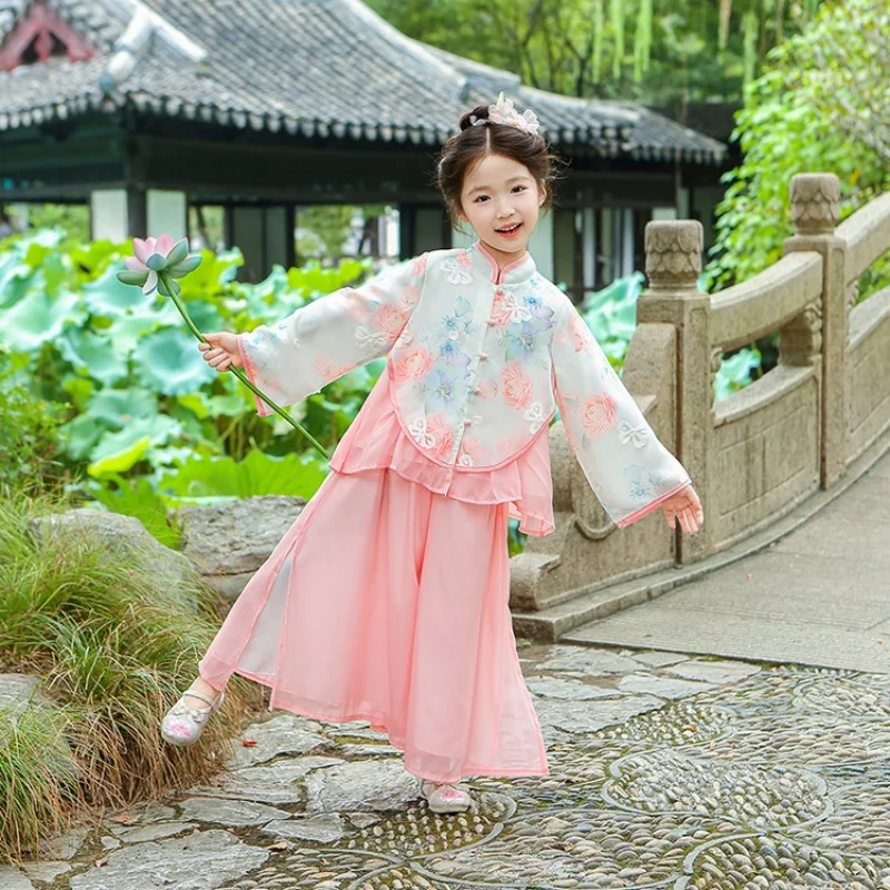 2025 Spring Children Mid Autumn Festival Outfits Kids Girls Chinese Traditonal Tangsuit Baby Elegant Floral Chiffion Hanfu Set