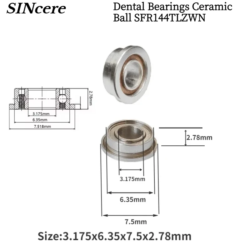 

5PCS High Speed Dental Flange Ceramic Balls Bearings SFR144TLZWN 3.175x6.35x7.5x2.78mm for W&H