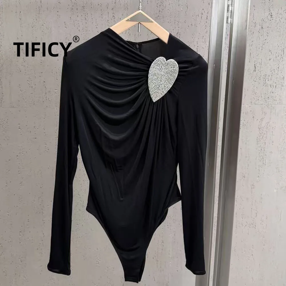 High Street Bodysuit Women's Love Nail Diamond Long Sleeved Jumpsuit T-shirt with Pleated Diagonal Collar Top