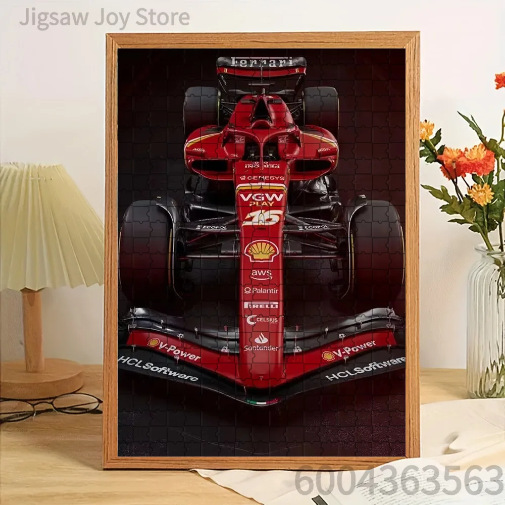 

Paper Jigsaw Puzzle Red Ferrari Formula 1 Racing Car Front View with Sponsor Logos on Black Background Artwork Brain Teaser