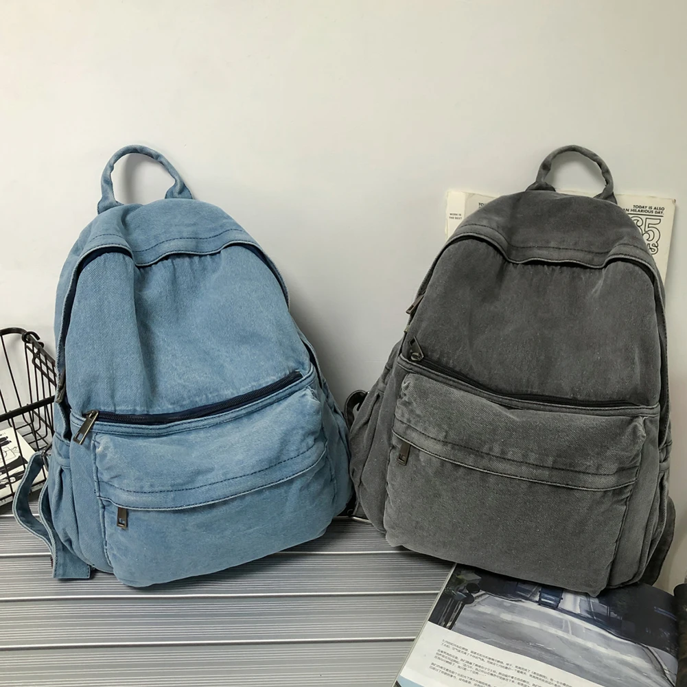 Denim Retro Students Backpack Fashion Solid Outdoor Hiking Backbag Vintage Cowboy Rucksack Large Capacity Zipper Student Bookbag