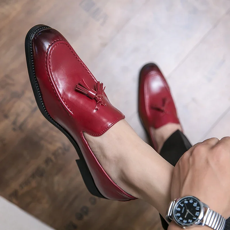 Loafers for Men Wedding Shoes Red Pu Leather Tassels Men Handmade for Men Shoes Zapatos Hombre Vestir