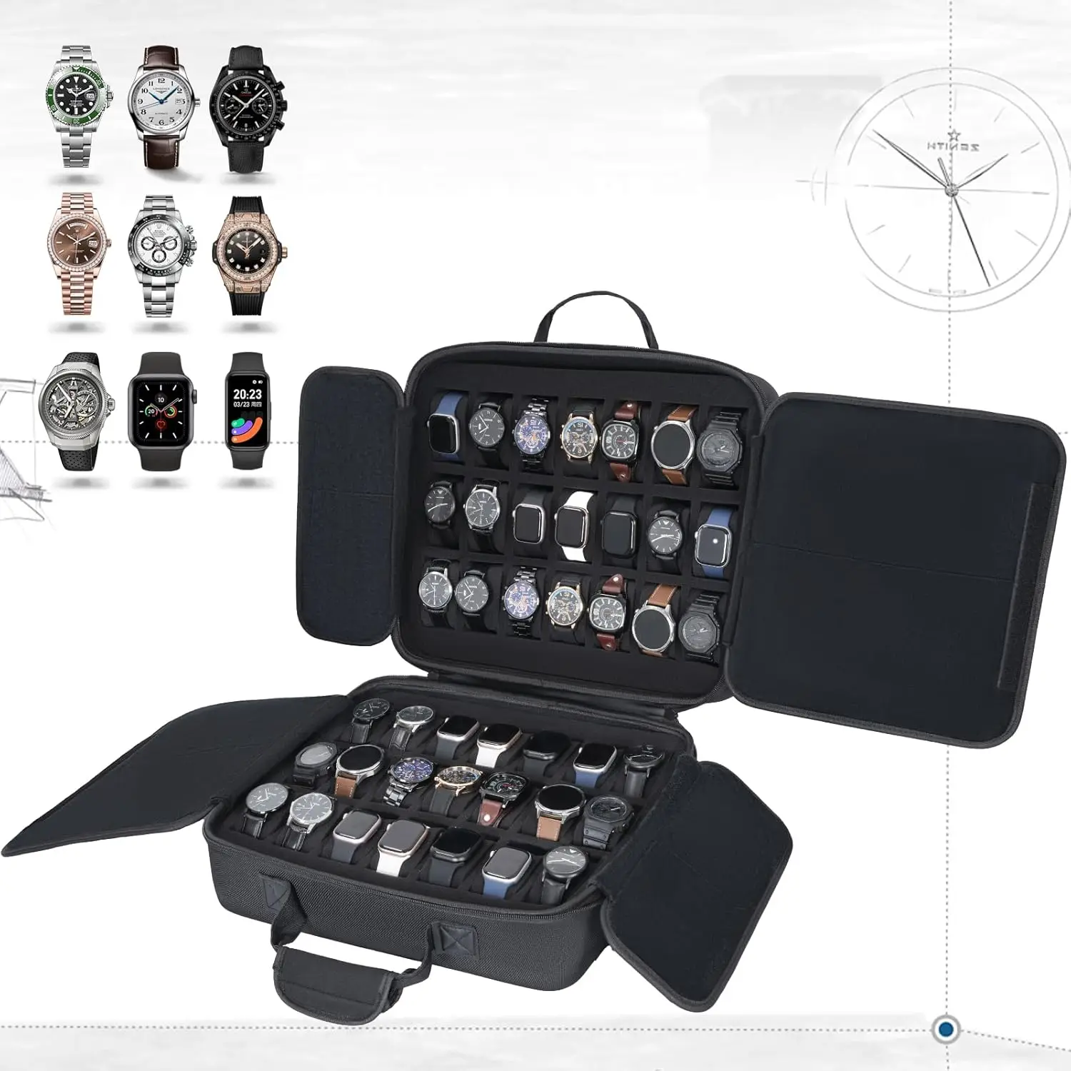 Caixa de armazenamento de relógio com 42 slots, estojo de viagem acolchoado portátil para relógios