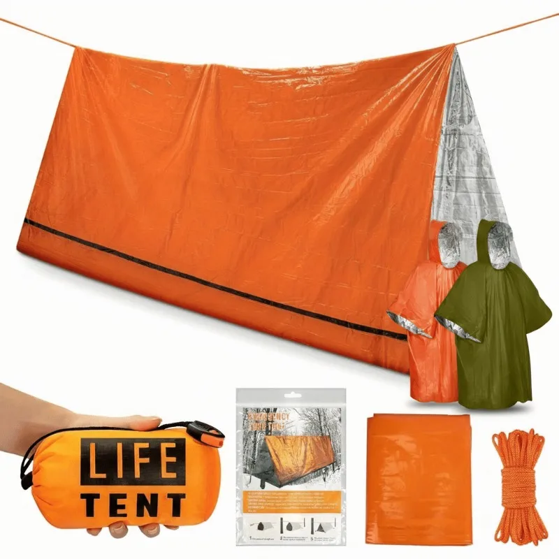 Survival Kit Including One Shelter Two Raincoats Featuring A PE Tent Rope Bag and Whistle for Hiking Camping in Cars Emergencies