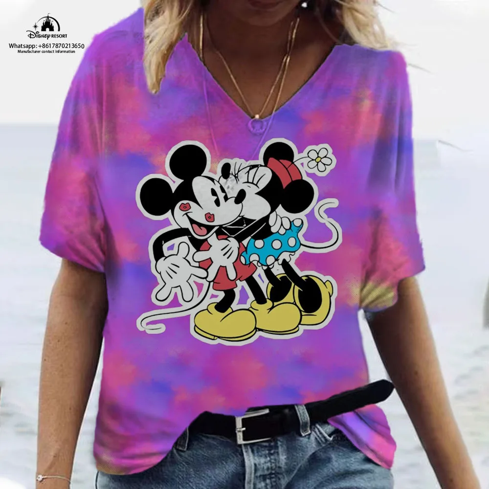 

2024 Summer Fashion New Casual Harajuku Street Donald Duck Mickey Minnie Cartoon Print Women's V-neck T-shirt ins style