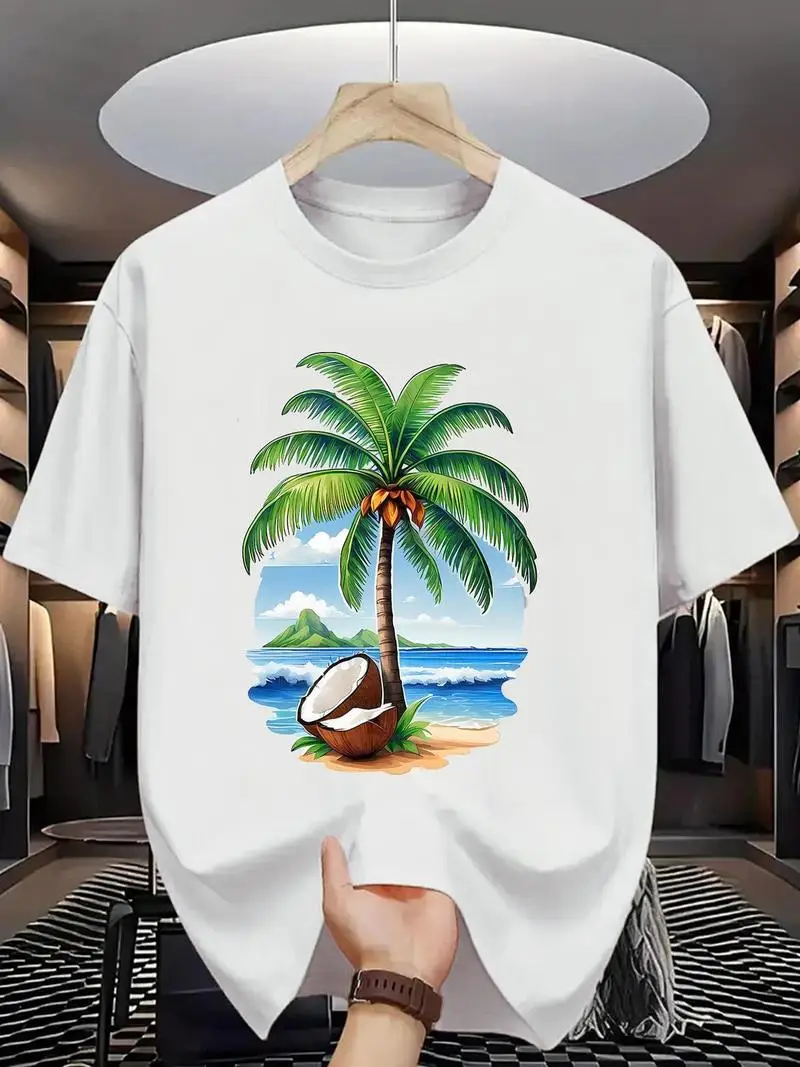 Men's Tropical Beach Graphic T-Shirt, Vibrant Palm Tree And Coconut Print, Casual Summer Short Sleeve Tee, Lightweight Pure Top