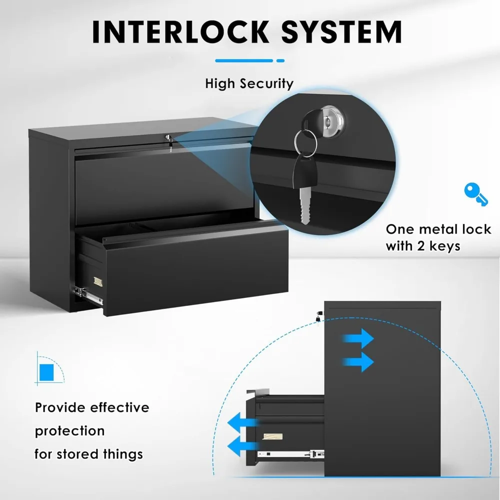 Archivador lateral, archivador de 2 cajones con cerradura, archivadores negros para oficina en casa, archivador de metal