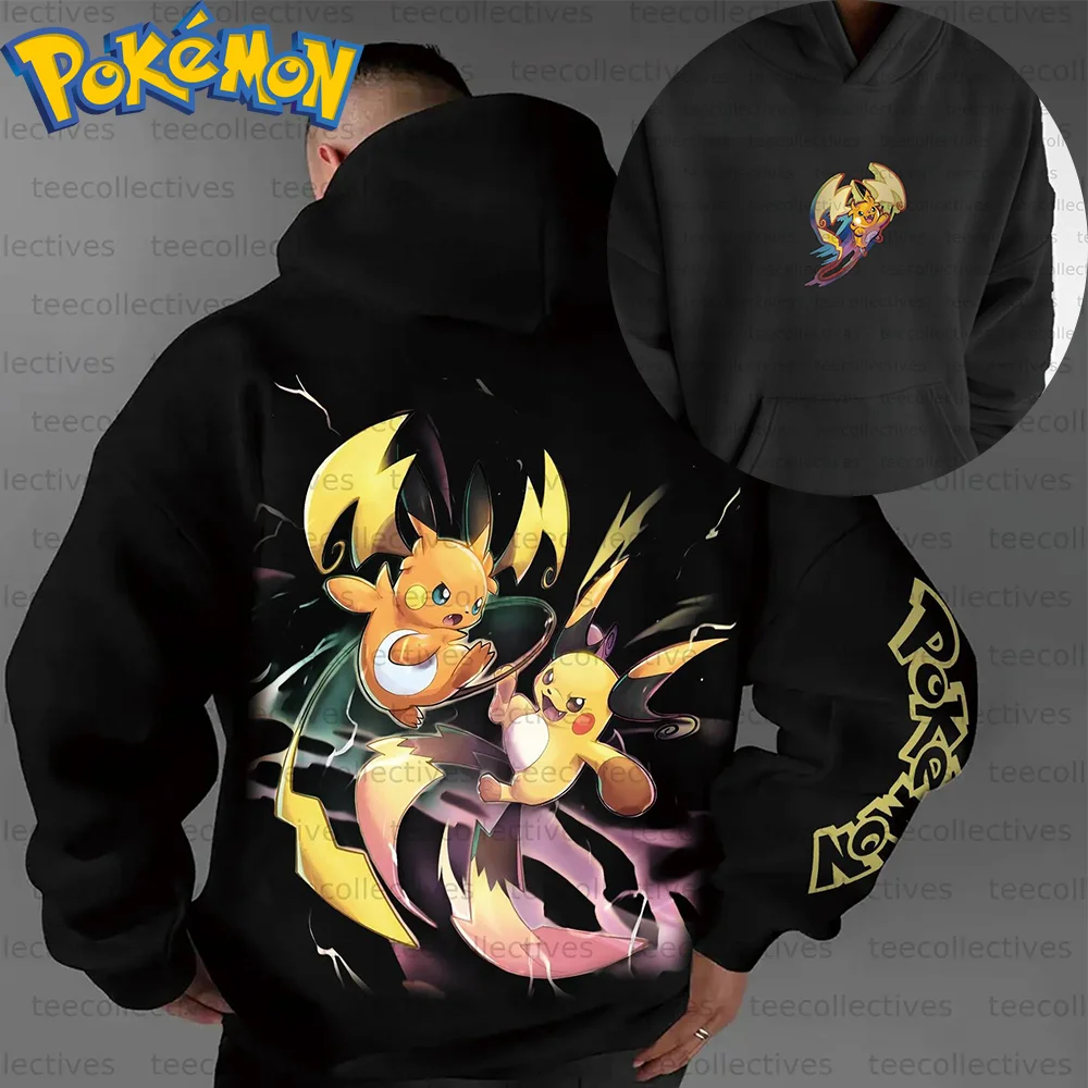 Bluza z kapturem Pokemon Anime Pikachu Raichu, bawełniana, czarna, z nadrukiem postaci i dynamicznym wzorem błyskawic, styl casual streetwear