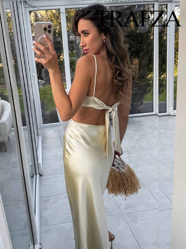 Damska letnia sukienka bez rękawów z satynowej tkaniny, nowa kolekcja, z bocznym zamkiem, odkrytymi plecami, sznurowana, na ramiączkach.