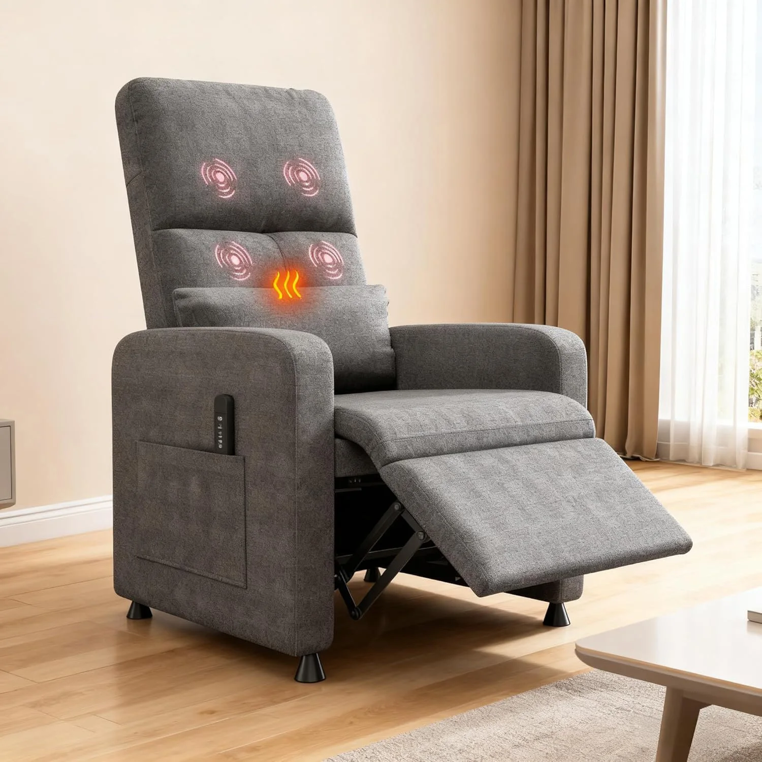 Sillón Reclinable Eléctrico Individual con Calefacción y Masaje - Respaldo Ajustable, Puerto USB y Bolsillos Laterales para Sala de Estar