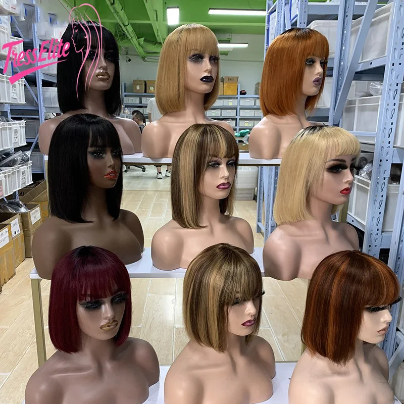 

Straight 12A Double Drawn Bob Human Hair Full Machine Wigs for Women with Bangs 8-12 Inch Brazilian Virgin Remy Hair #4/27 99J