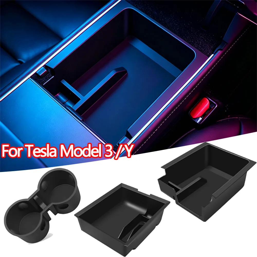1pc For Tesla Model 3 Highland Y Juniper 2021-2024 Car Storage Box Central Armrest Hidden Storage Box Cup Holder Car Accessories