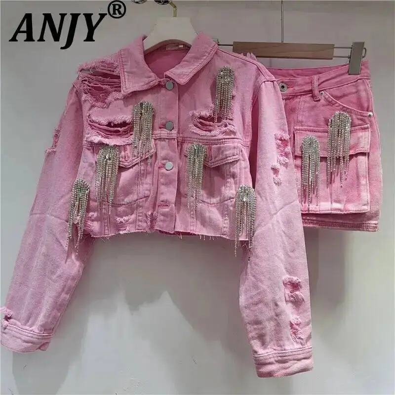 ANJY Autumn New Women Fashion A-Line Short Skirt Ins Streetwear Two-Piece Set Trendy Ripped Studded Diamonds Denim Jacket A15399