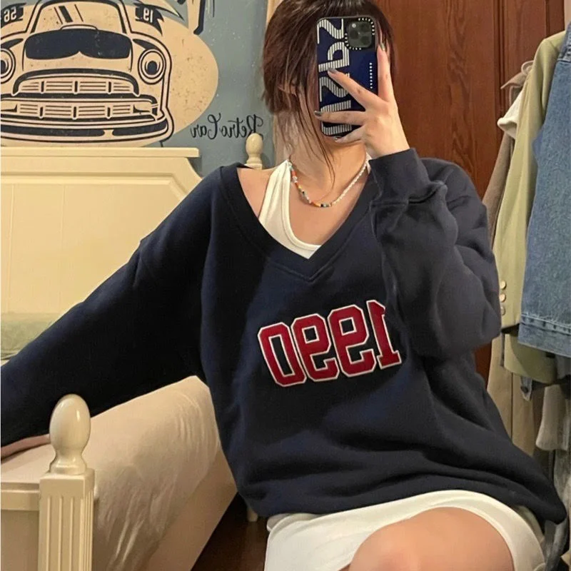 Deeptown Korean Fashion Sweatshirts Two Piece Set for Women Kpop Long Sleeve Oversized Pullover Streetwear Hoodie Off Shoulder