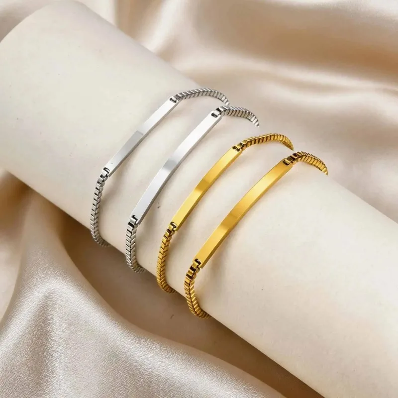 2pcs set Stainless Steel Box Chain ID Bar Couple Bracelet Custom Engraved Nameplate Jewelry for Women Men Anniversary Gift