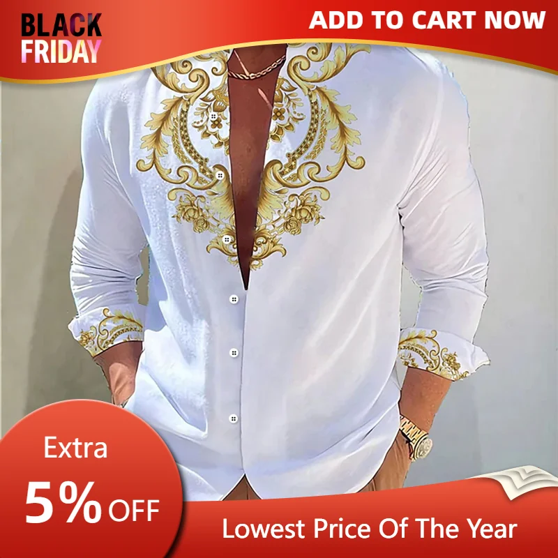 Men\'s shirt simple stand up collar gold rose outdoor street long sleeved shirt comfortable and breathable men\'s clothing
