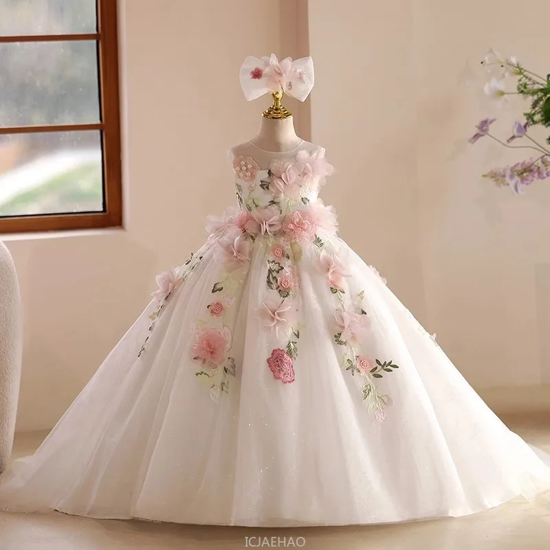 Long Dress French Style Floral Girls Host Dresses Costume Children Pageant Piano Outfit Birthday Wedding Flower Gown Clothes