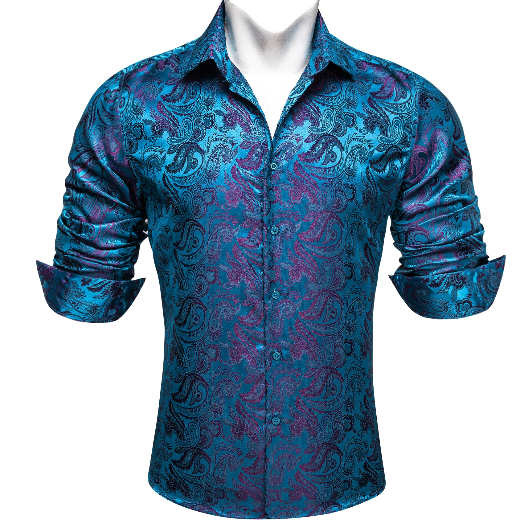 Designer Shirts for Men Silk Long Sleeve Blue Purple Paisley Embroidered Slim Fit Male Blouses Casual Breathable Tops Barry Wang