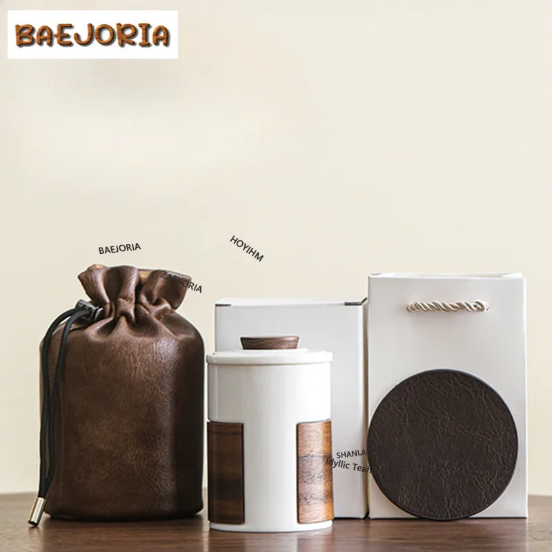 BAEJORIA 300ml Creative Anti-scald Wooden Handle Ceramic Water Cup Casual Office Work Mug With Lid Filter Tea Separator Cups Cha