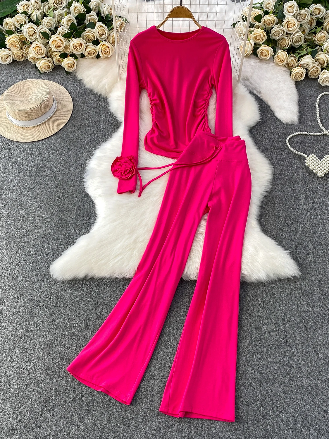 Korean Sle High Waist Wide Leg Pants Two-Piece Set Long Sve T-irt Top Pleated 3D Flower Design Simple Pure Color